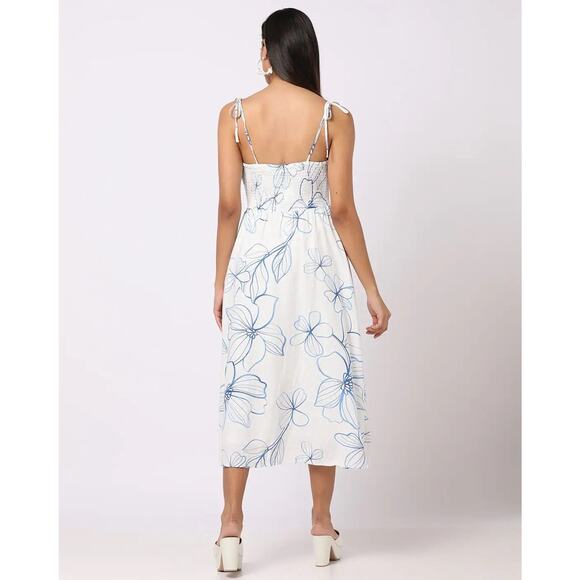 GAP 100% Linen Blue Floral Midi Dress Tie Straps Smocked Back Size XL - Picture 2 of 13